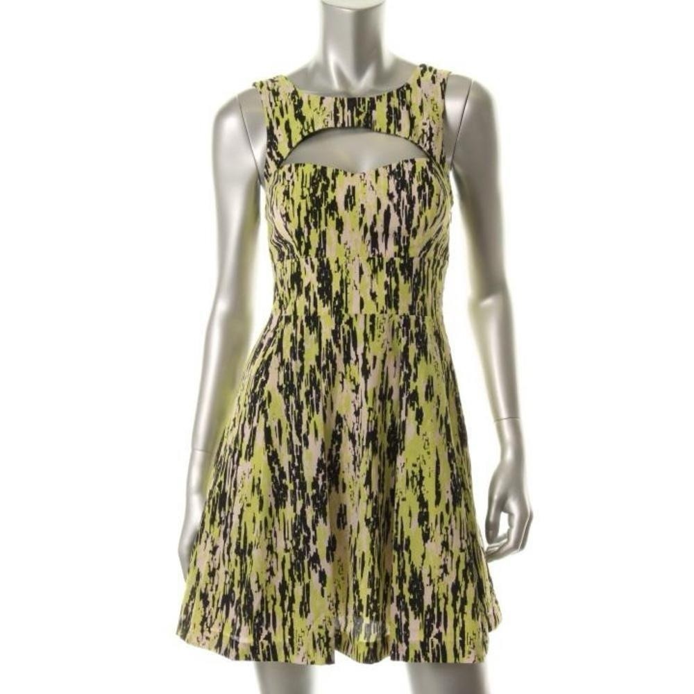 Guess Lime/Beige/Black Sateen Patterned Cut Out Dress